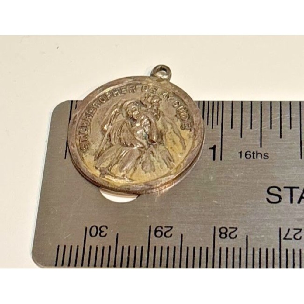 Vintage St Saint Christopher Sterling Silver Religious Medal Pendant Signed BJI - Picture 4 of 6